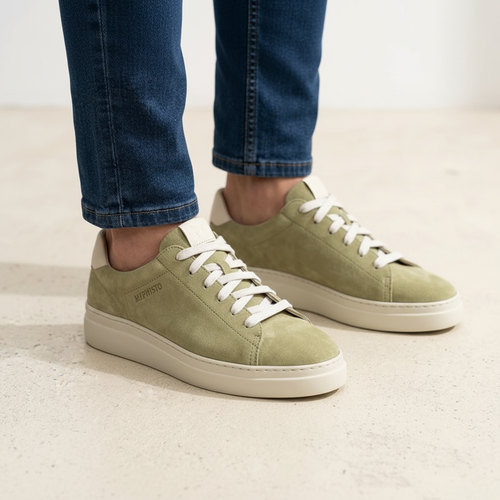 Mephisto Dotty sneaker donna nabuk verde indossata con jeans formato quadrato