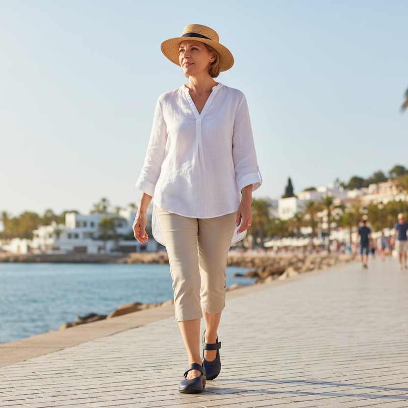 Donna che cammina in vacanza con Arcopedico Minami Navy