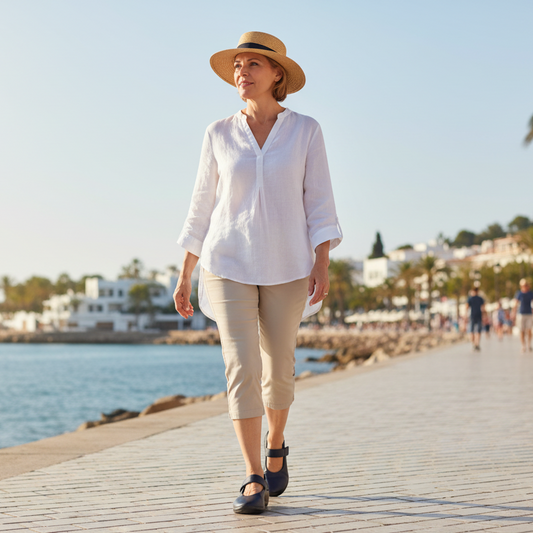 Donna che cammina in vacanza con Arcopedico Minami Navy