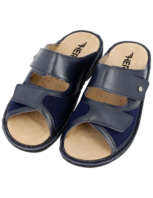 Hergos H1523 – Ciabatta Donna in Pelle | Doppia Fascia Regolabile | Soletta Estraibile | Blu