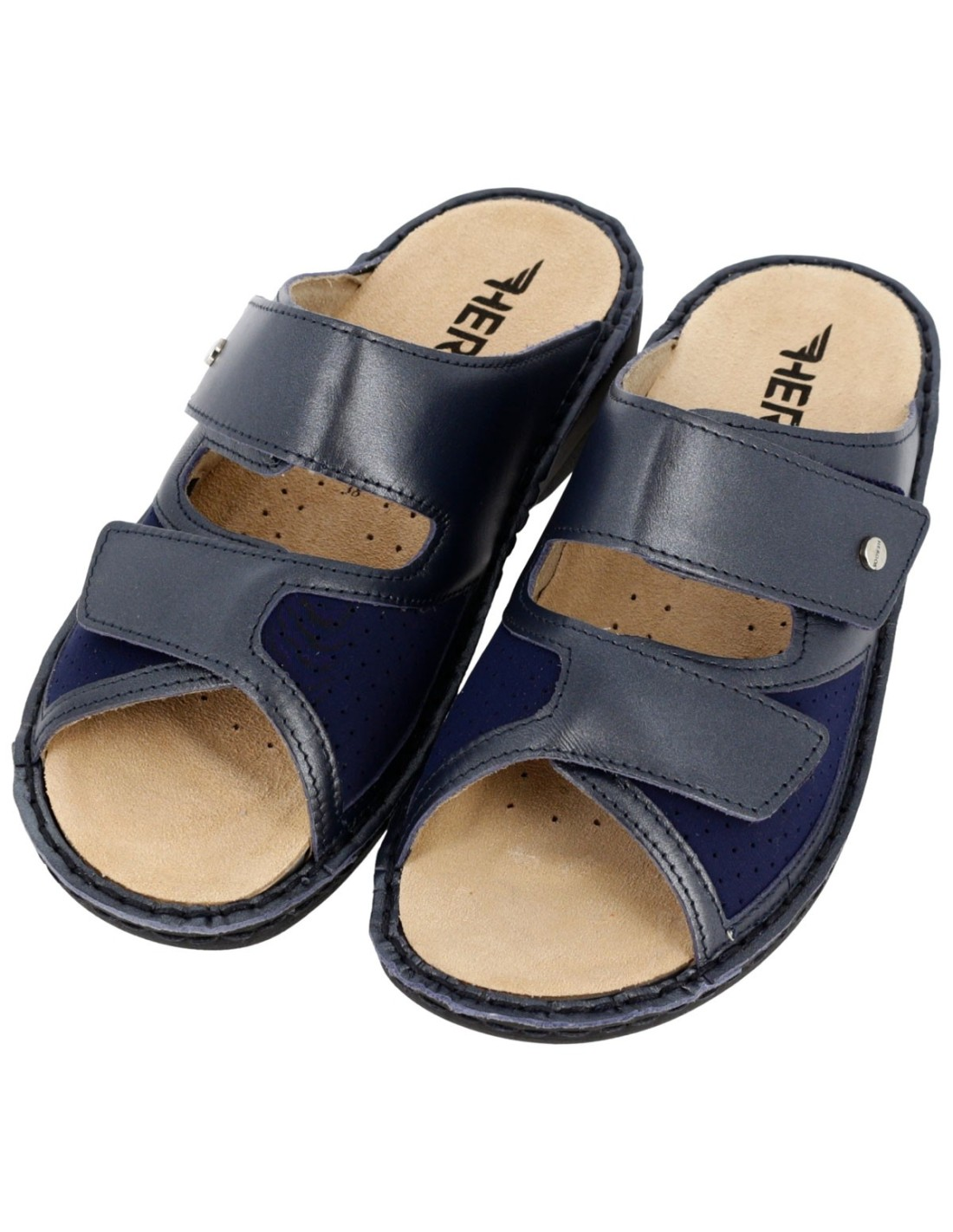 Hergos H1523 – Ciabatta Donna in Pelle | Doppia Fascia Regolabile | Soletta Estraibile | Blu