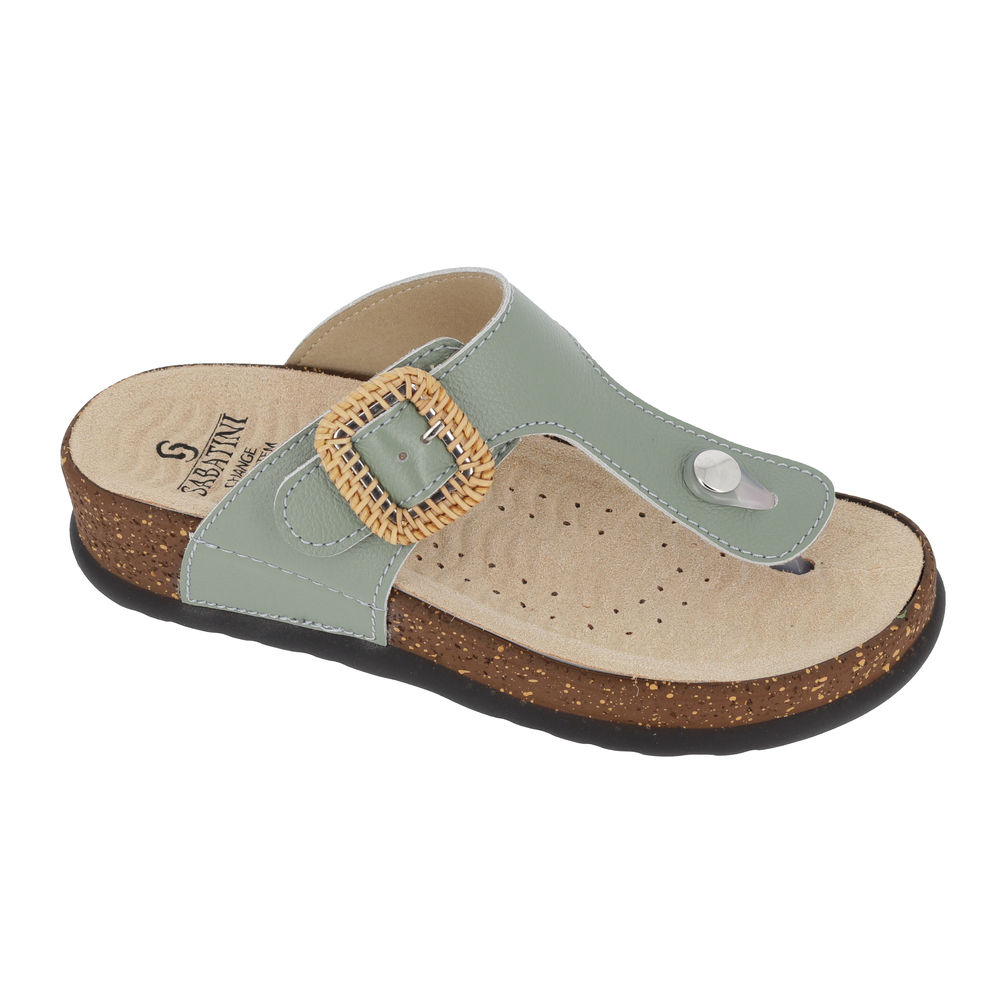 Sandalo Infradito donna  Sabatini con Fibbia Rafia – Verde Salvia / Cuoio