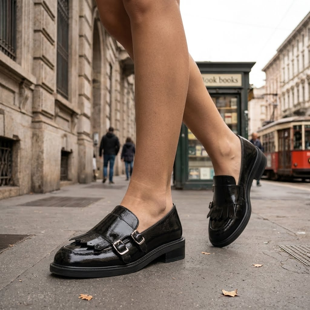 Mocassino donna Melluso in pelle nera lucida con frange e doppia fibbia indossato, dettaglio
