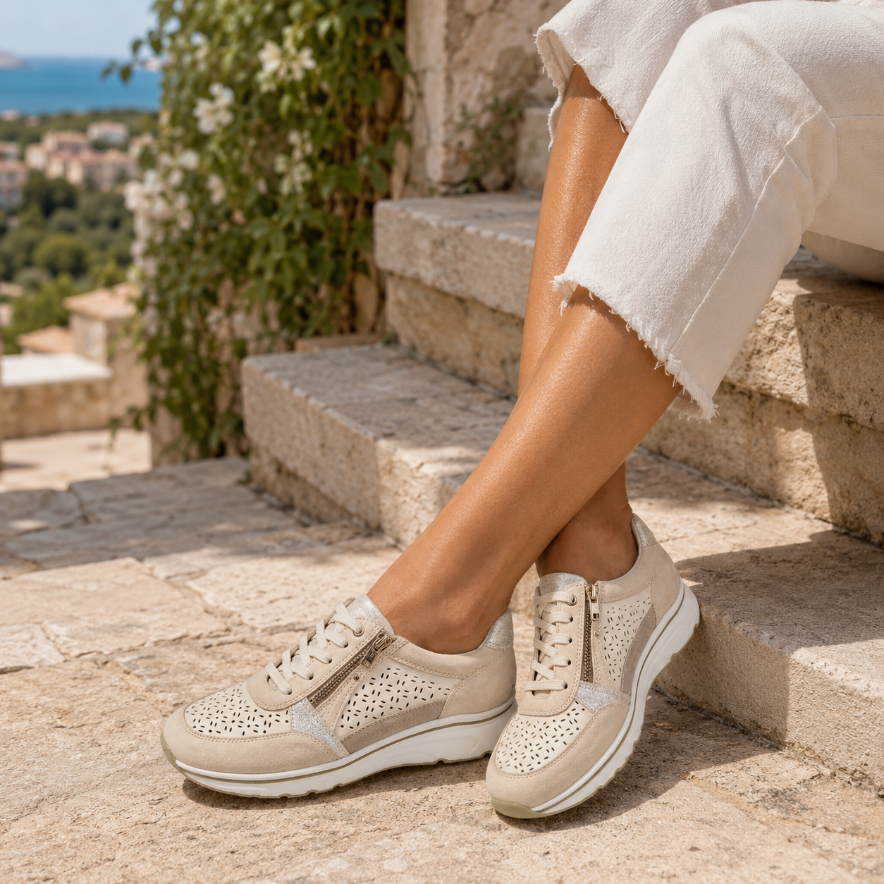Sneaker Sabatini S6020 Sabbia – lifestyle donna seduta su scalinata in pietra con vista mare Spagna