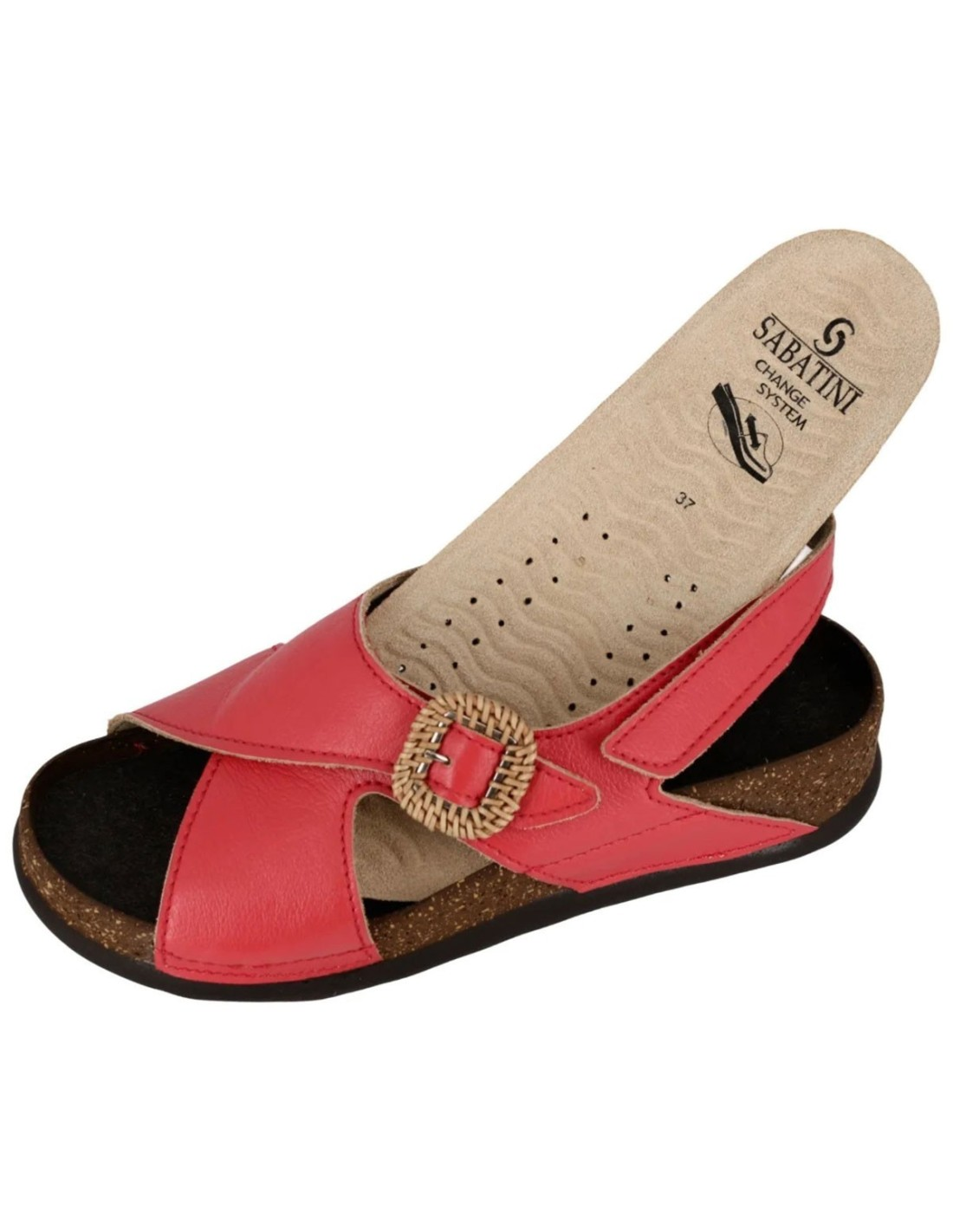 Sandalo Donna Sabatini Koala Rosso – Pelle Extra Soft, Fibbia Rafia e Plantare Estraibile