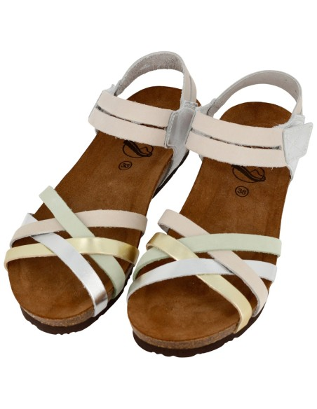 Sandalo Donna Bio Sabatini in Pelle Laminata Multi Bianco Crema Oro – Fasce Incrociate e Plantare Memory System