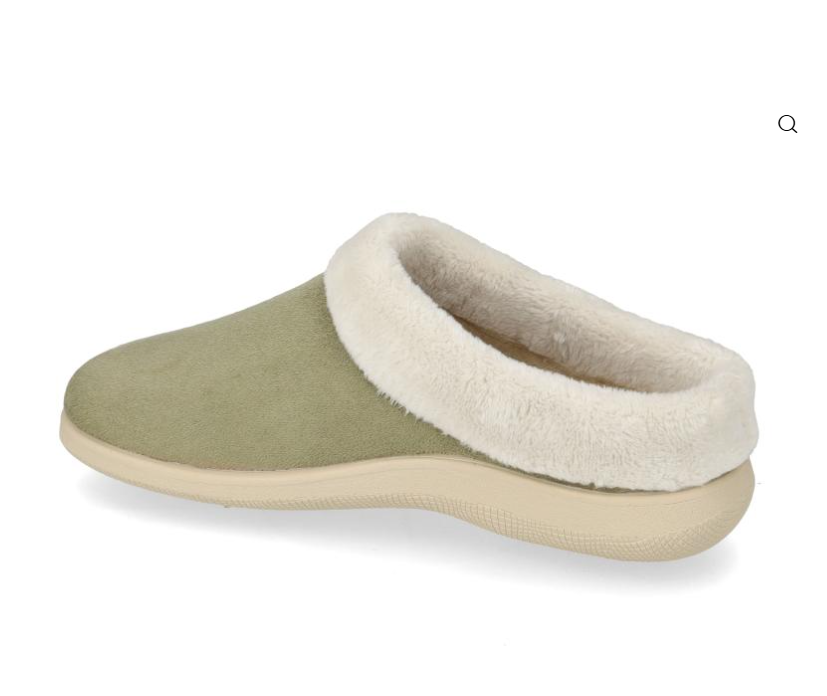 Pantofola Valleverde Olivo, vista laterale del tallone e bordo effetto peluche