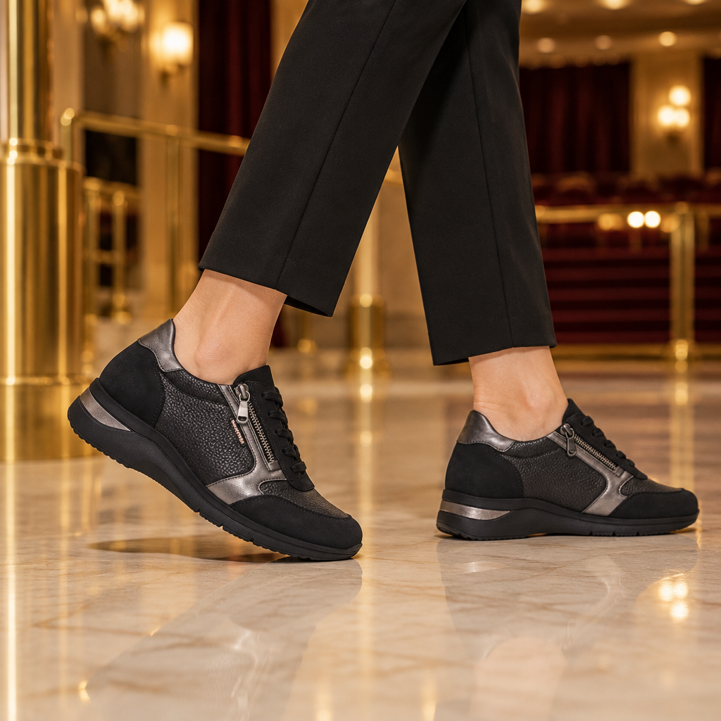 Sneaker donna Mobils by Mephisto Millena nera indossata nel foyer di un teatro elegante