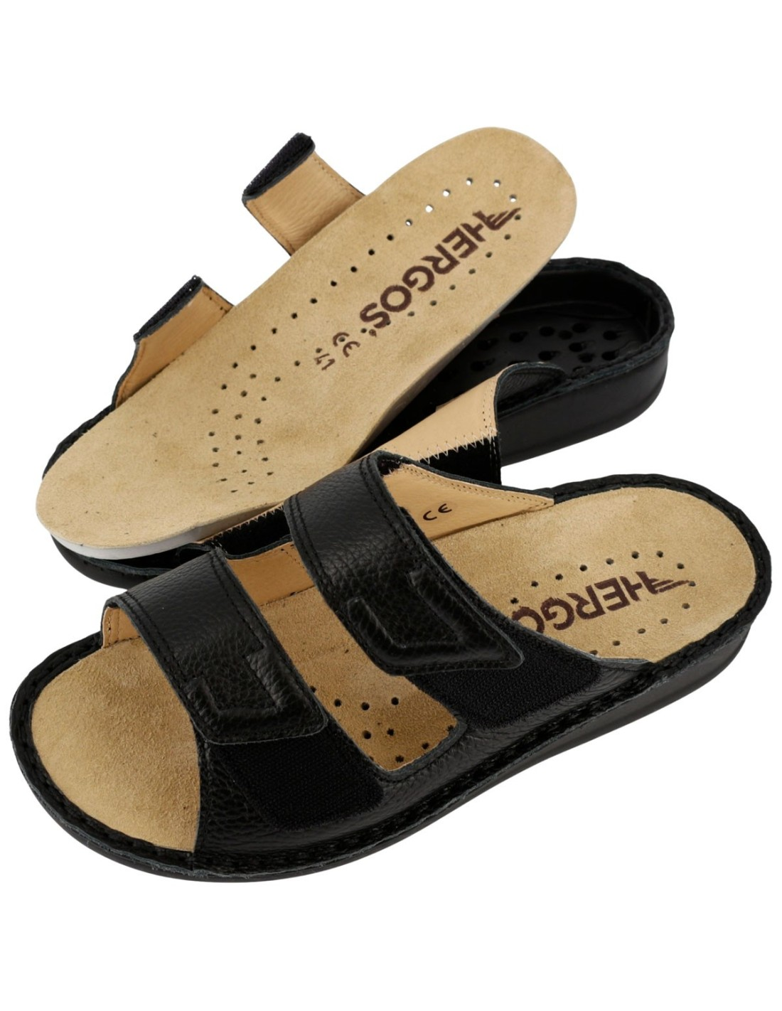 Hergos H440 – Ciabatta Uomo in Vera Pelle | Doppia Fascia Regolabile | Plantare Estraibile | Nero