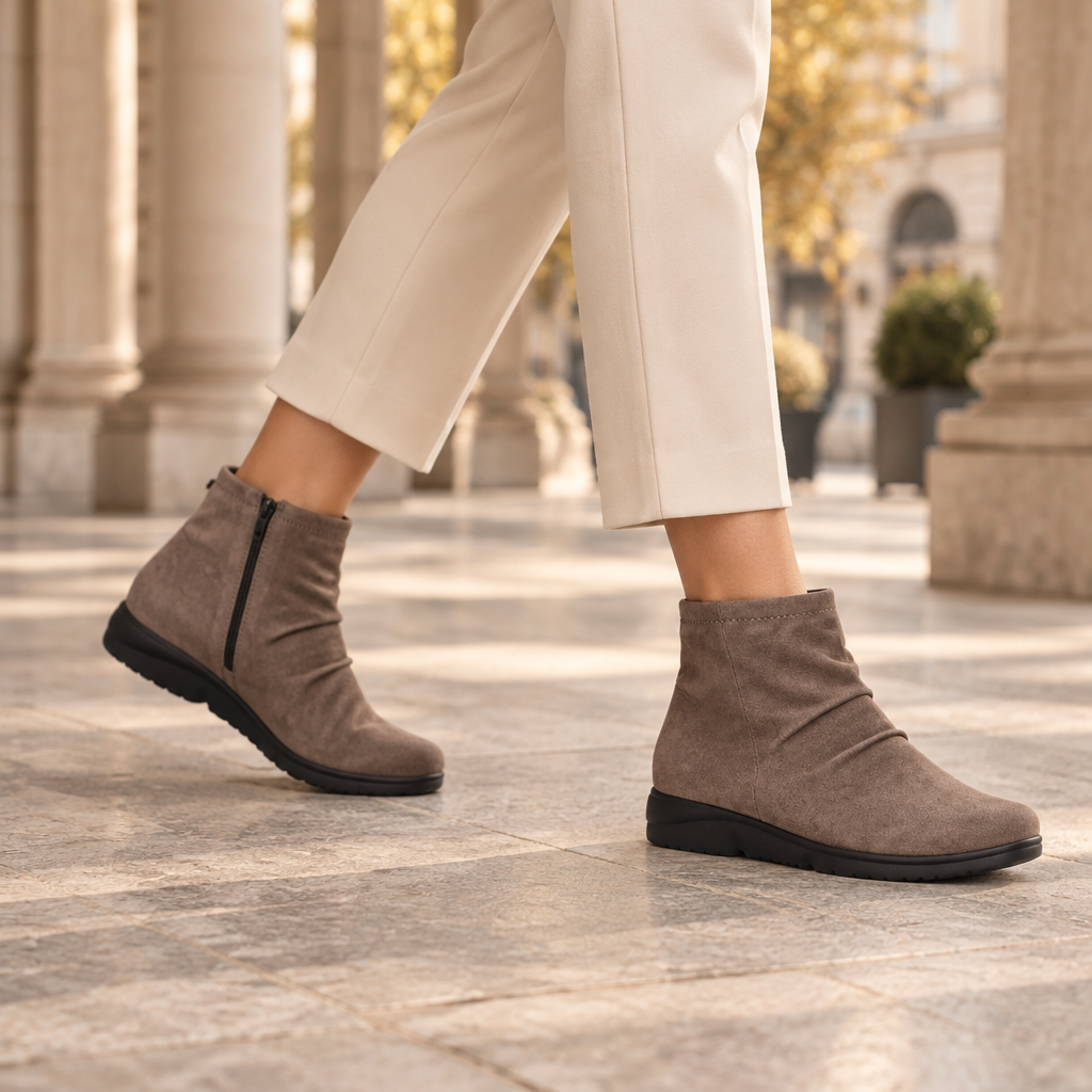 Stivaletto donna Mephisto Rezia Ice Brown in pelle scamosciata indossato sotto un portico italiano