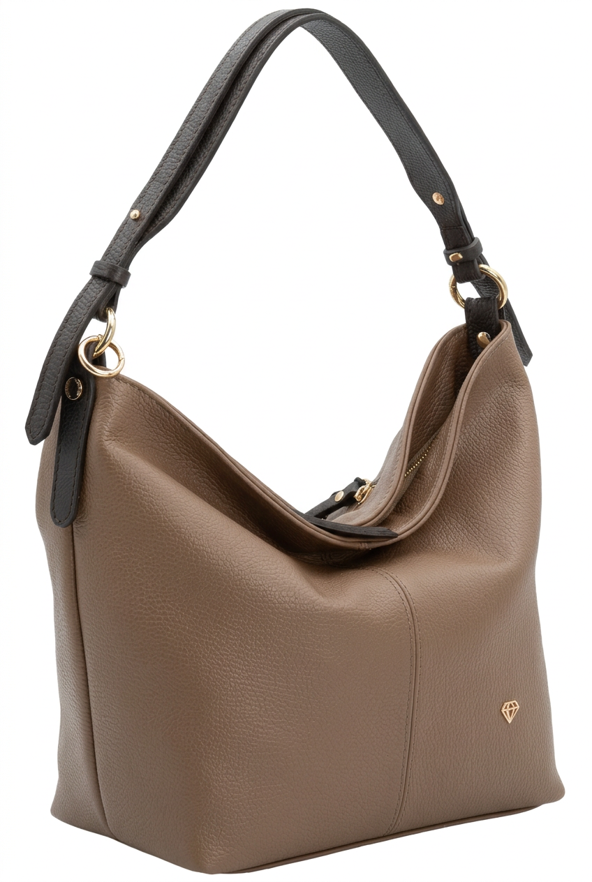Borsa a spalla Caleidos 108-28 CCP in pelle marrone con manico scuro e dettagli color oro