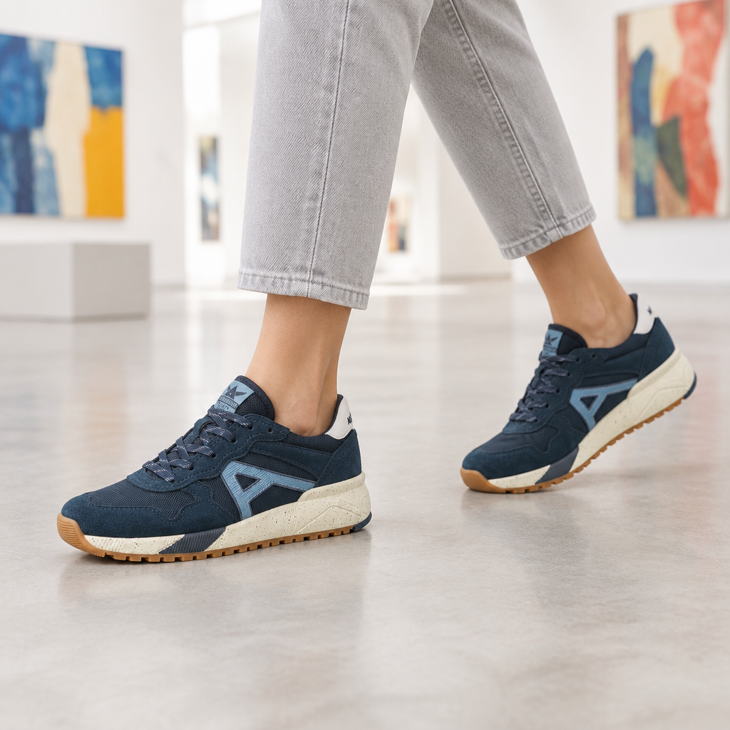 Sneaker donna Allrounder Vitesse2 blu navy indossata in galleria d’arte