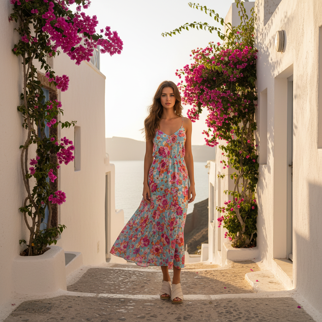 Sandalo Melluso donna nude con vestito floreale estivo a Santorini - figura intera