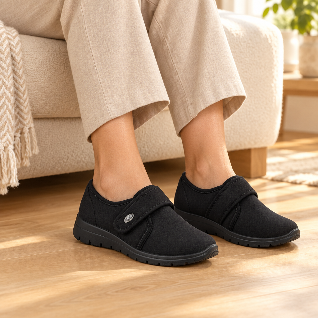 Scarpe pantofole donna Valleverde 25362 nere indossate, immagine ambientata generata