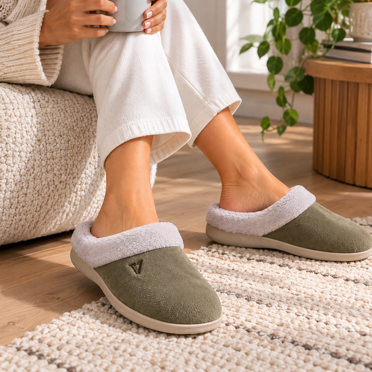 Pantofola Valleverde Olivo verde con bordo panna indossata in casa