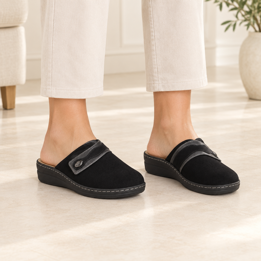 Pantofola donna nera Valleverde 56500-2 indossata, immagine ambientata generata
