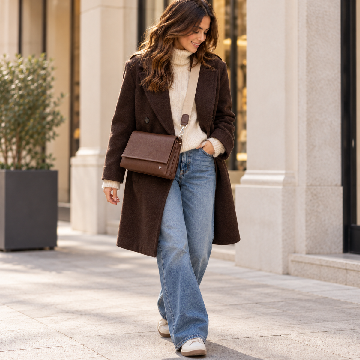 Borsa a tracolla Caleidos CA104-33 in pelle marrone indossata con cappotto scuro e jeans