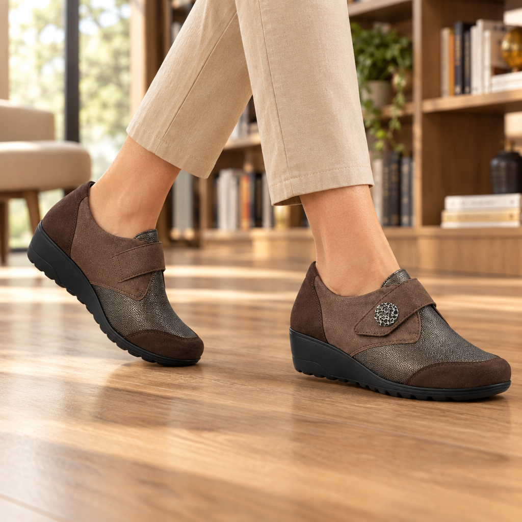 Scarpa donna Mobils by Mephisto Branda Dark Oak indossata in libreria elegante
