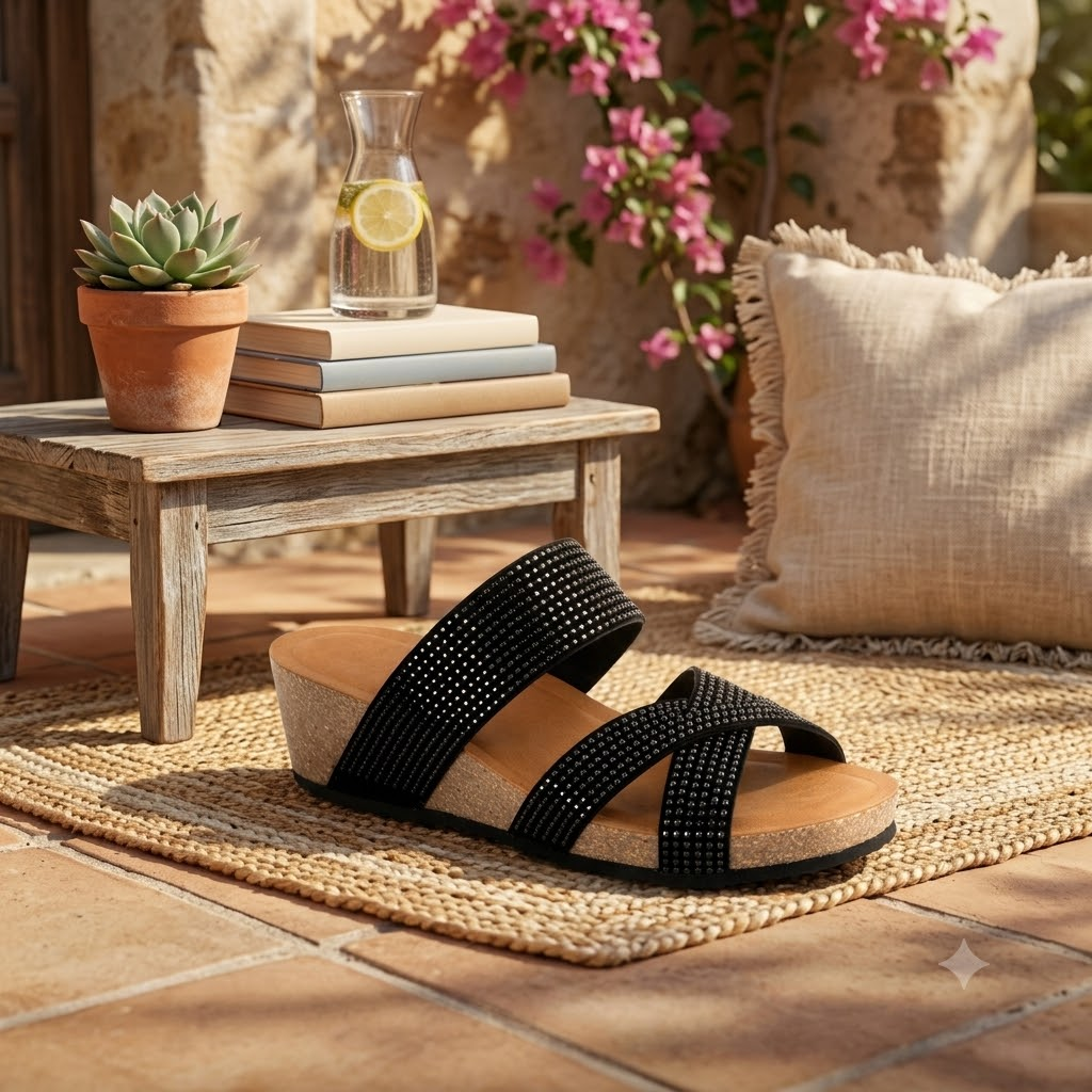 Ciabatta Sabatini Diamond 4360 Nero – lifestyle terrazza mediterranea con bouganville