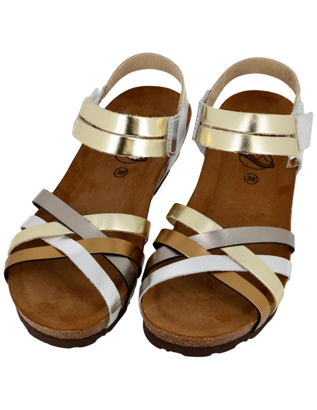 Sandalo Donna Bio Sabatini in Pelle Laminata Multi Platino – Fasce Incrociate e Plantare Memory System
