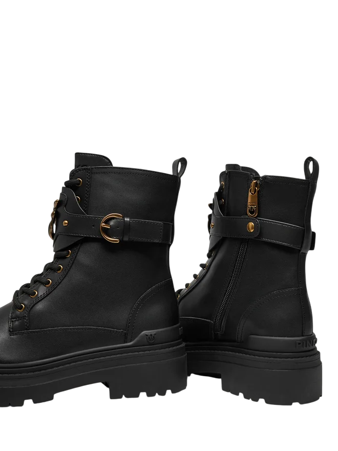 Pinko stivali anfibi Mia con placca Love Birds in pelle nero