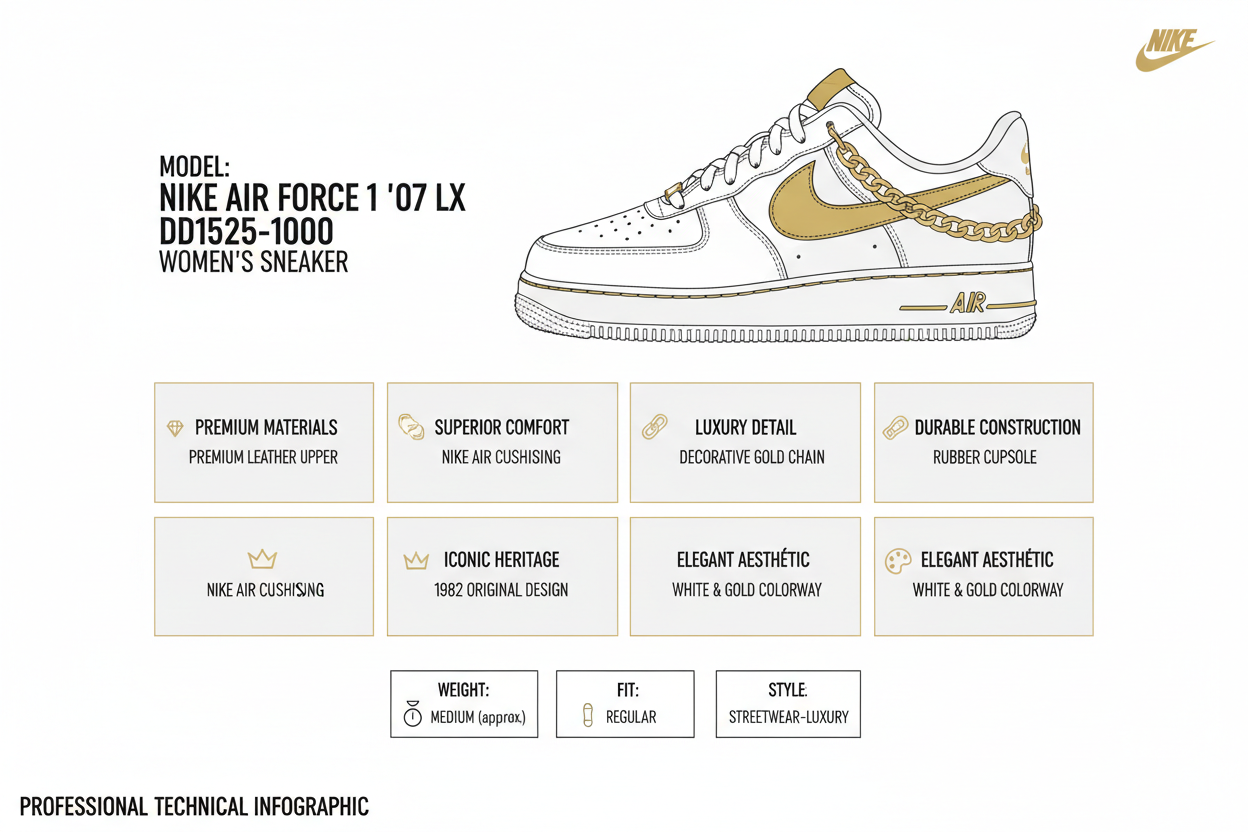 Nike Air Force 1 LX DD1525-100 Bianco Oro Donna Sneakers Catena Pelle Premium