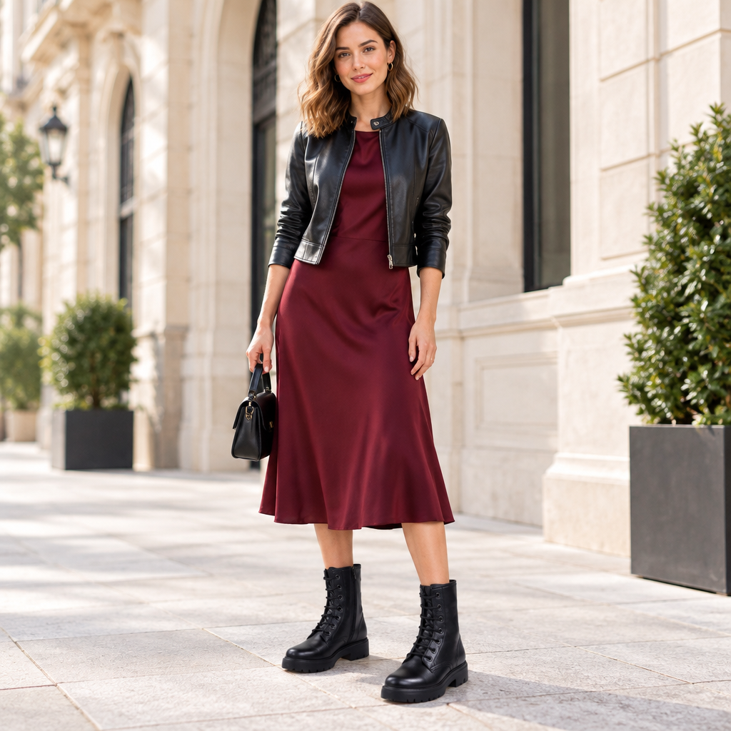 Ragazza con abito midi bordeaux, giacca corta e anfibi neri