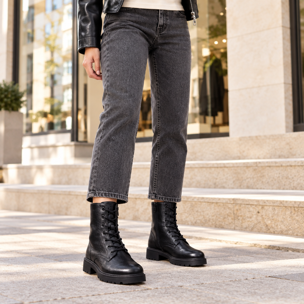Ragazza con jeans antracite e anfibi neri in uno scatto fashion luminoso