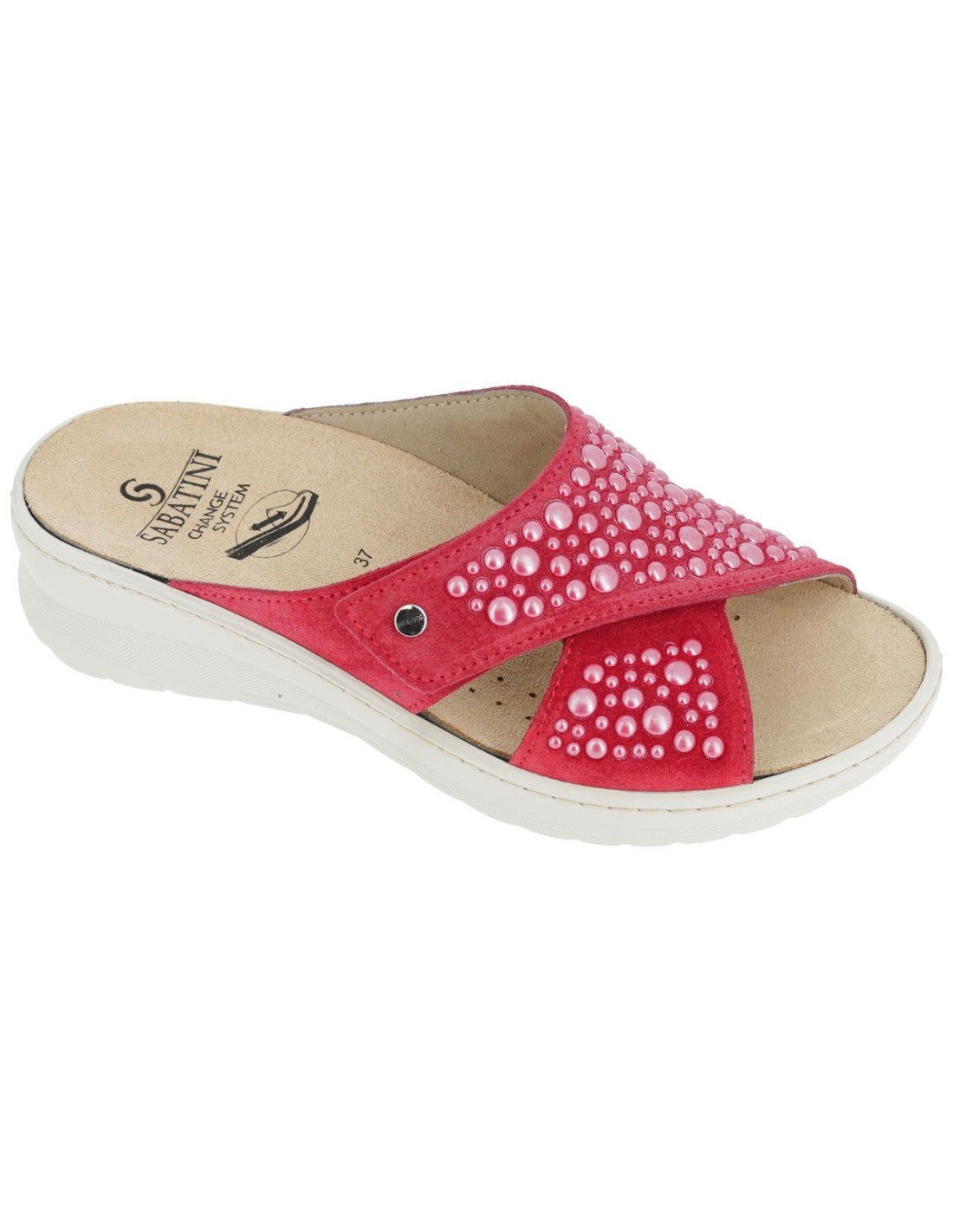 S3056P - Ciabatta Sabatini in pelle con applicazioni gioiello, plantare estraibile - Camoscio Rosso