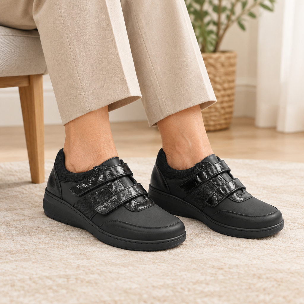 Scarpe nere con doppio velcro indossate in un ambiente quotidiano